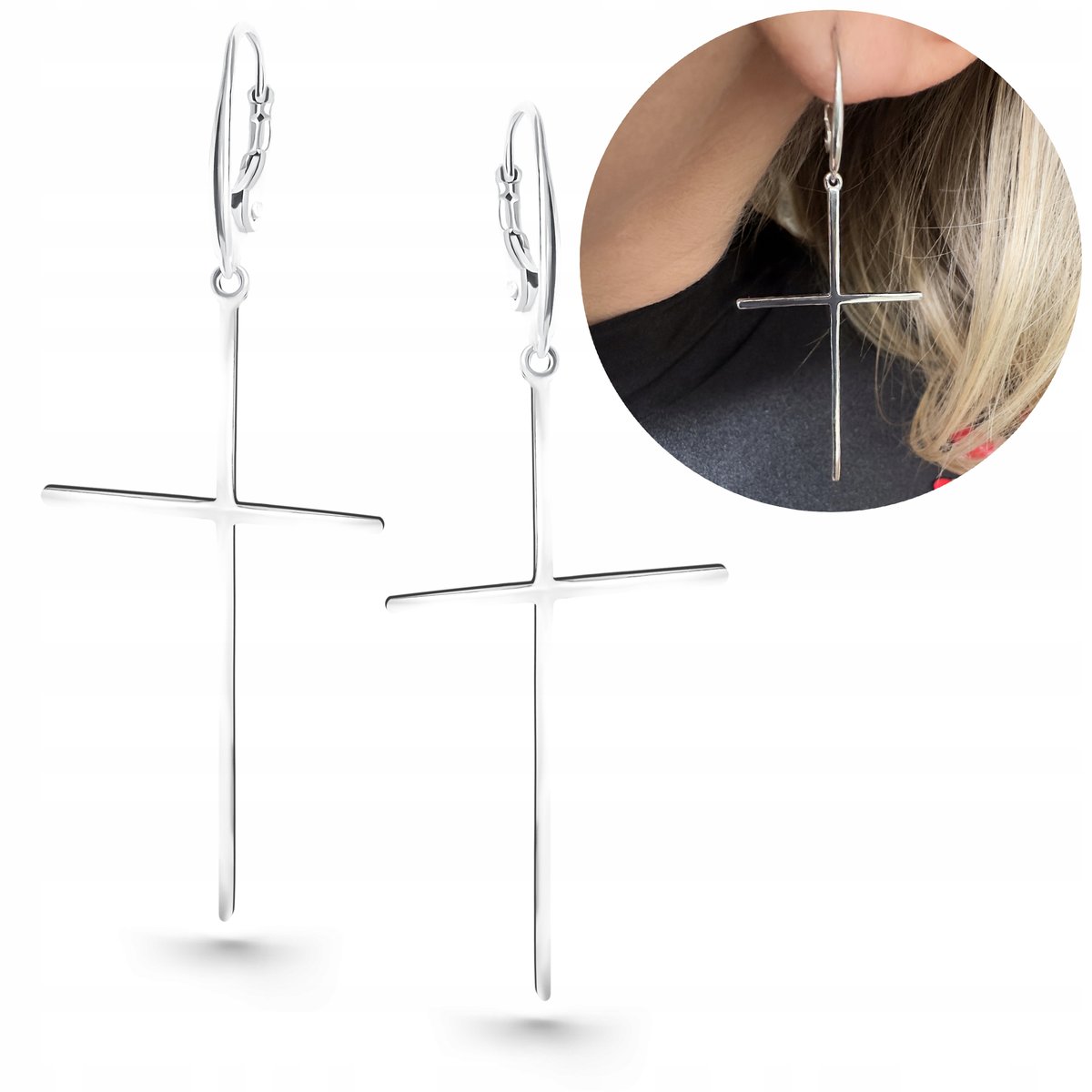 Kolczyki srebrne krzyże wiszące długie duże srebro angielskie zapięcie 925