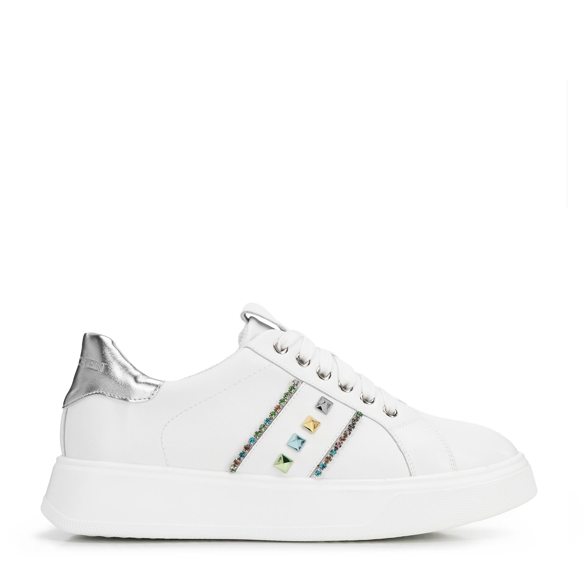 Sneakersy z imitacji skóry z ozdobami biało - srebrne