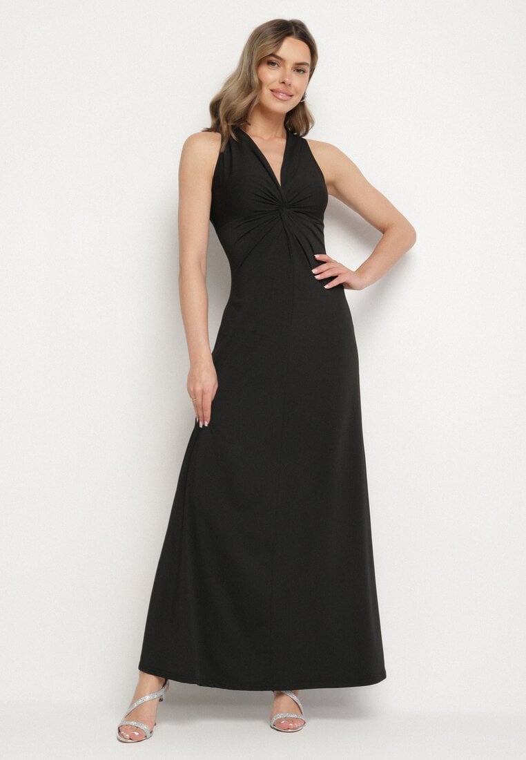 Czarna Rozkloszowana Sukienka Bez Rękawów z Wiskozą Zdobiona Marszczeniem Folenissa