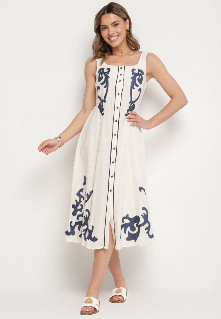 Beżowa Sukienka z Bawełny Ozdobiona Haftami i Guzikami Milarietta