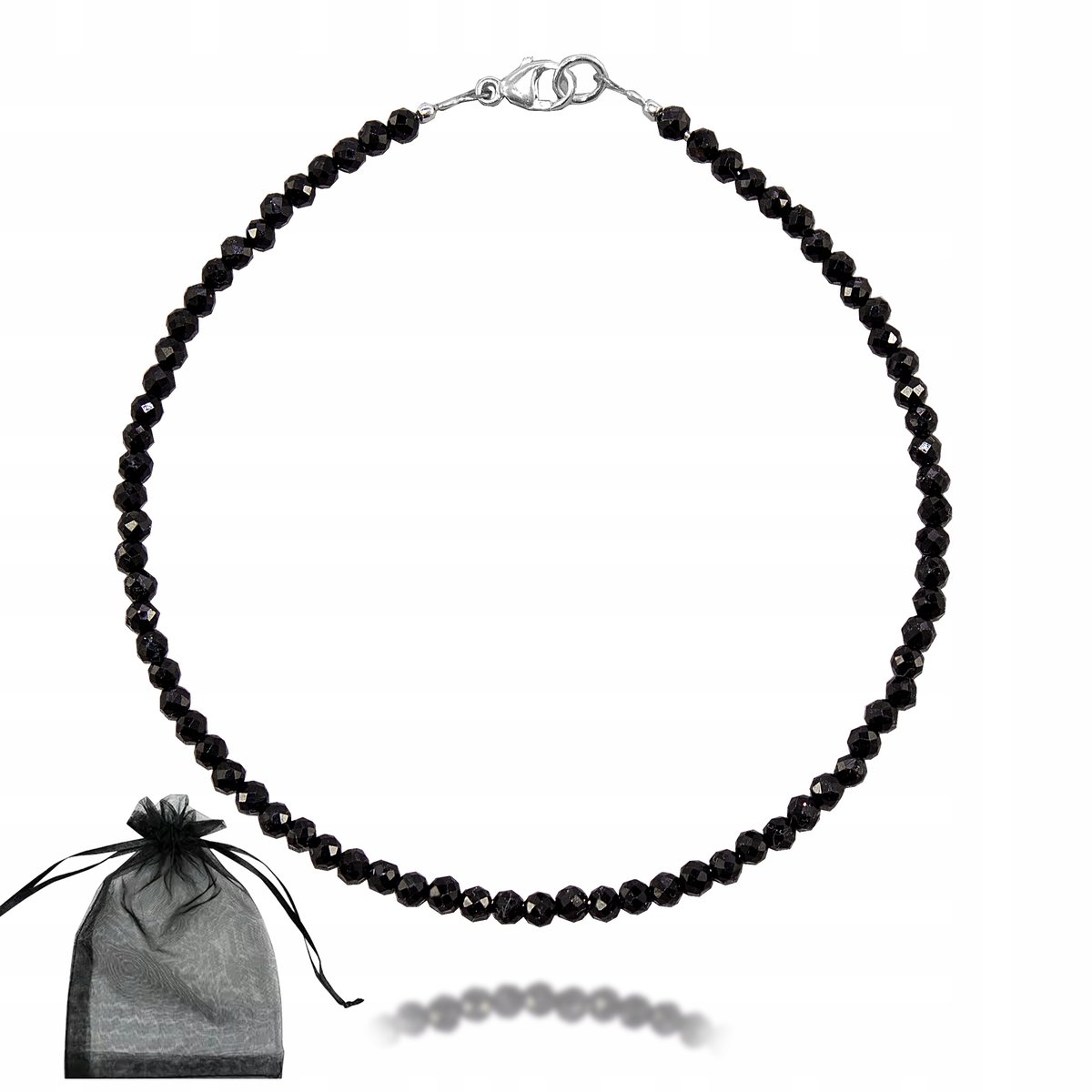 Bransoletka na nogę CZARNY TURMALIN Srebrne zapięcie dł 23cm