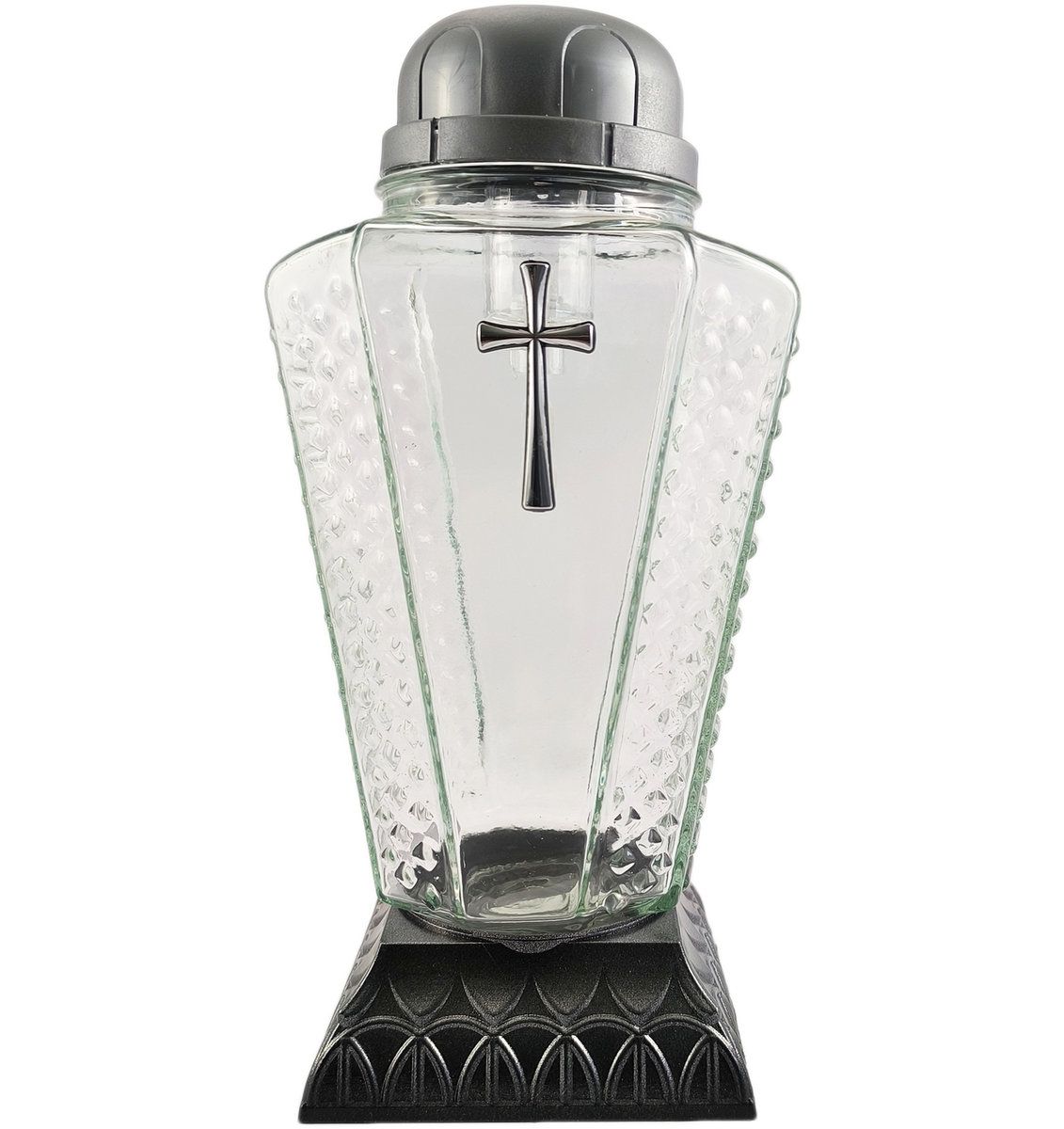 Znicz solarny srebrny z krzyżem lampion szklany na grób harmonia