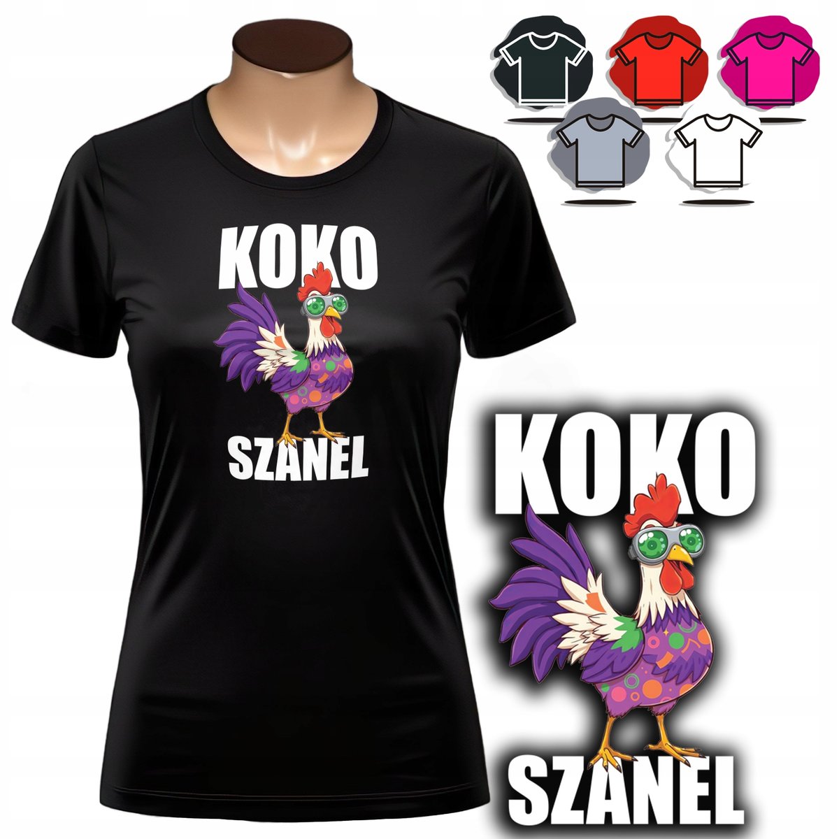 KOSZULKA DAMSKA Z NADRUKIEM T-SHIRT - WZÓR KOKO SZANEL MODNA KURA - XS