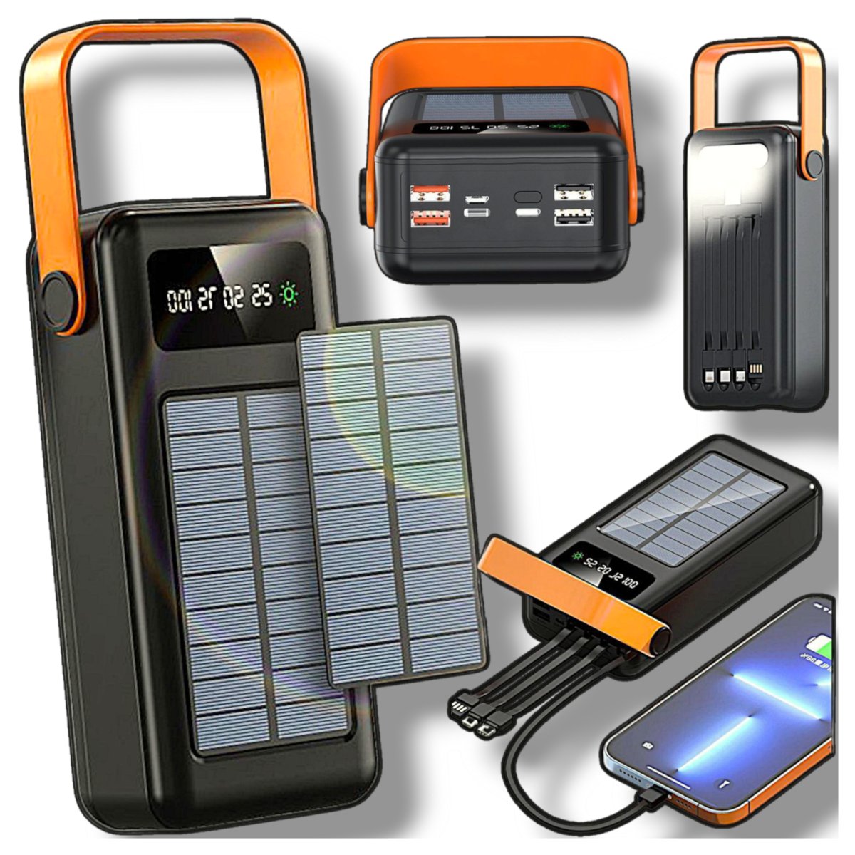 POWERBANK SOLARNY Z LATARKĄ MOCNĄ 50000 mAh 10W BATERIA SŁONECZNA 4 KABLE