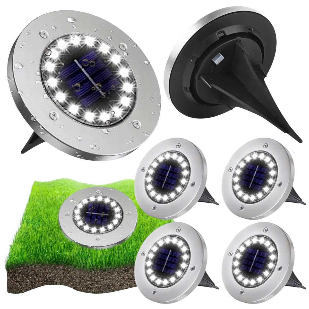 4x LAMPA SOLARNA DYSK 16 LED Ogrodowa Wbijana Gruntowa Najazdowa CZUJNIK