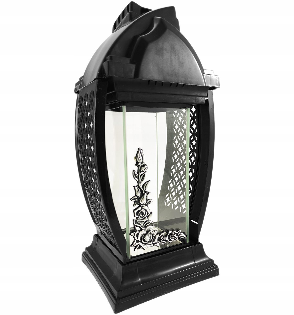 Unikatowy czarny znicz kapliczka lampion szklany ze srebrnym dekorem 33cm