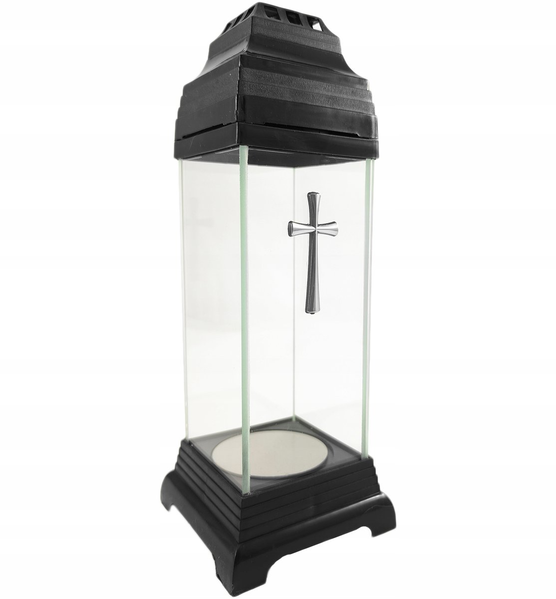 Znicz na grób mała kapliczka lampion szklany czarny z krzyżem srebrnym 25cm