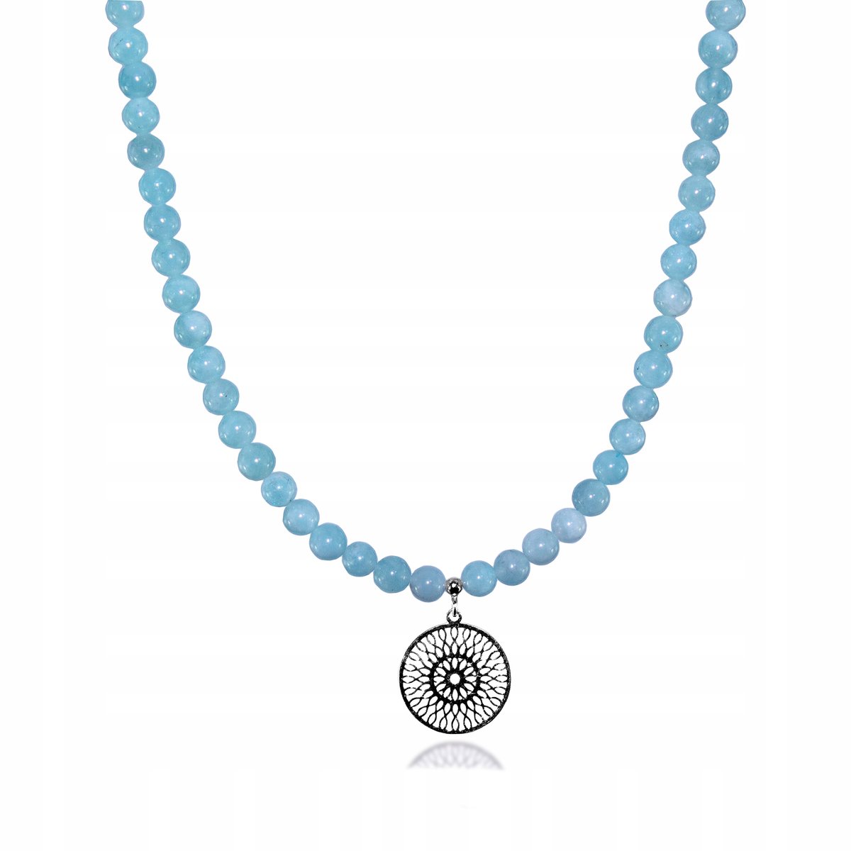 Naszyjnik Naturalny Akwamaryn kule 6mm Srebrna zawieszka dł. 45cm