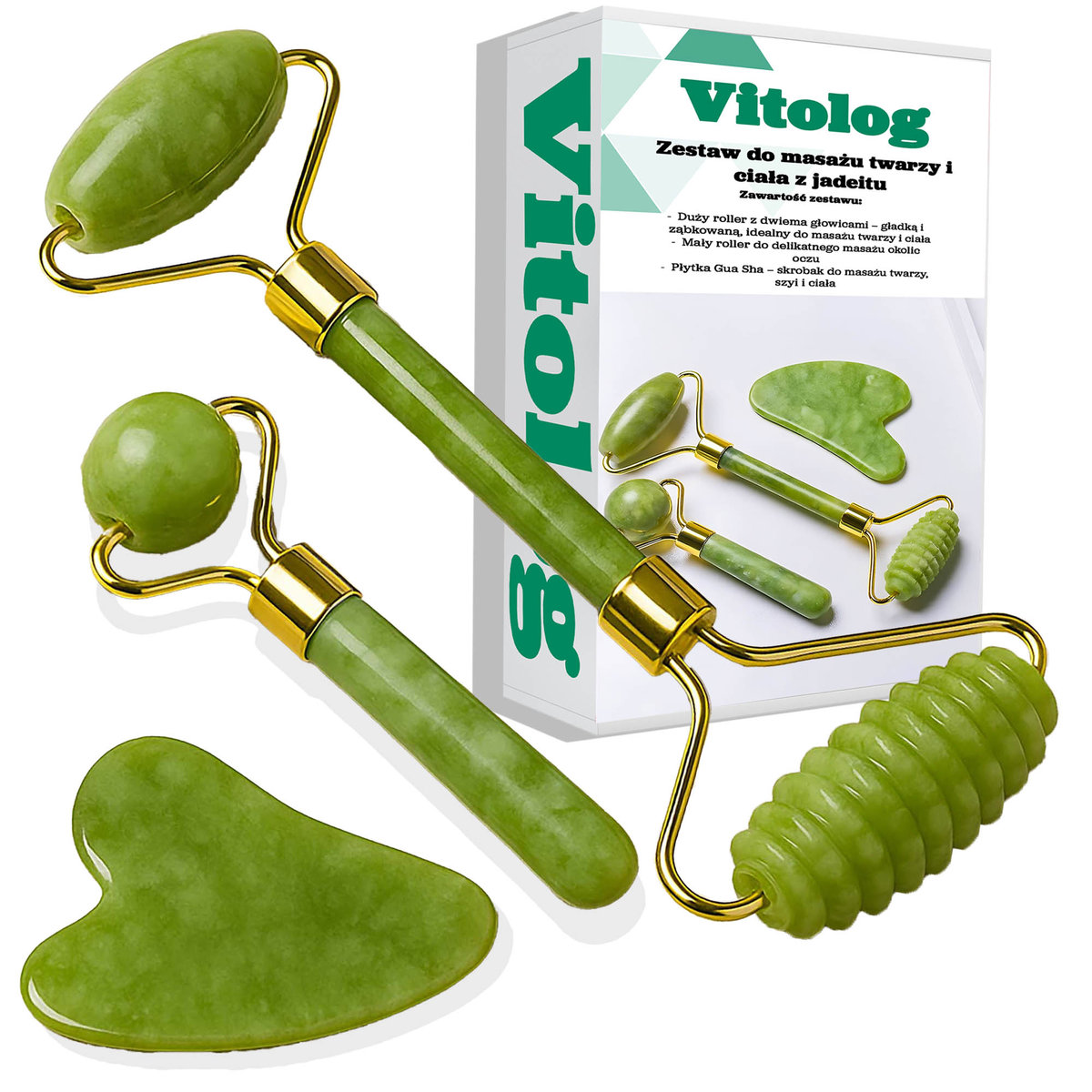 Masażer jadeitowy roller do masażu twarzy szyi pod oczy kamień gua sha 3w1