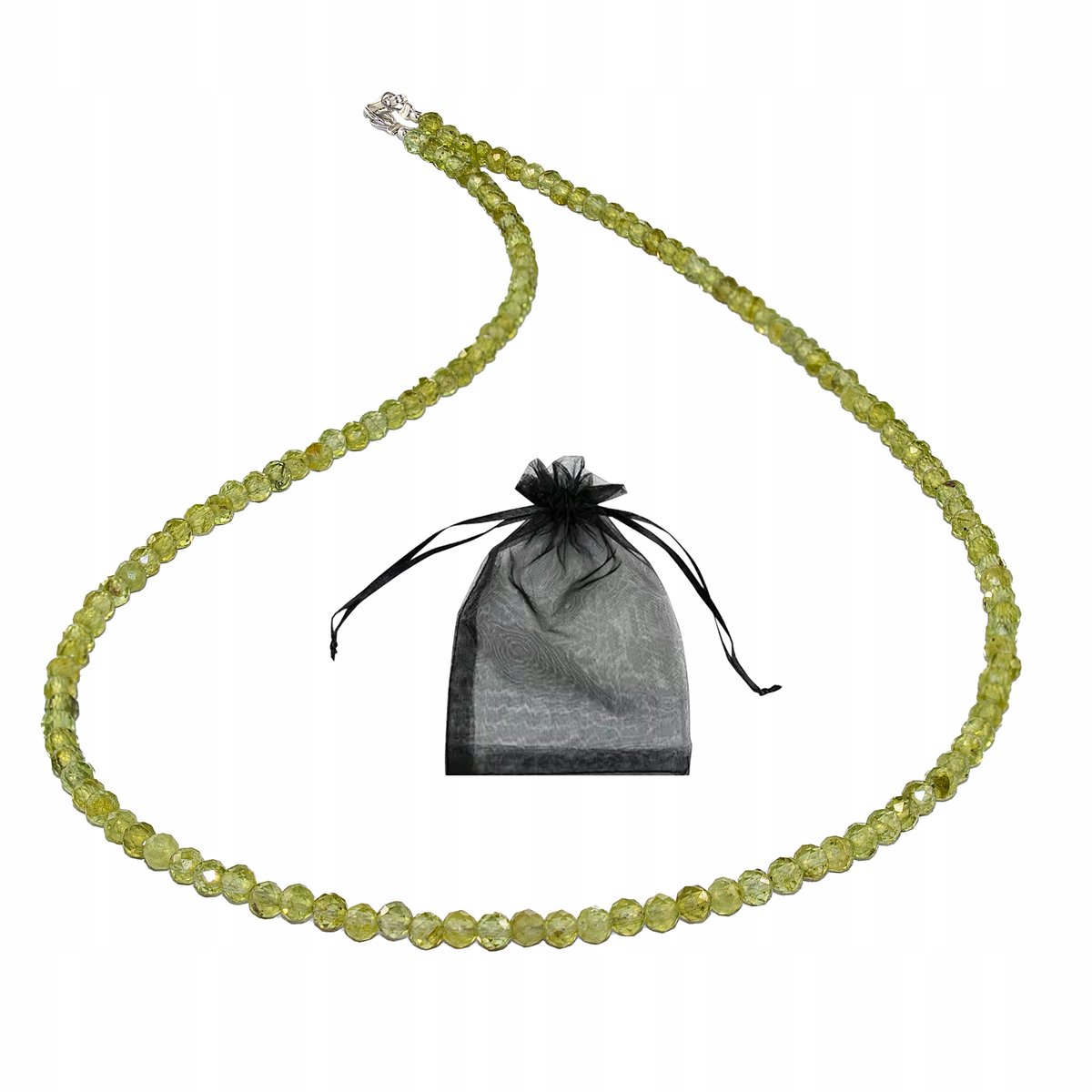 Naszyjnik Naturalny Peridot Oiwin faset kulki 3mm Srebrna Zapięcie 45cm