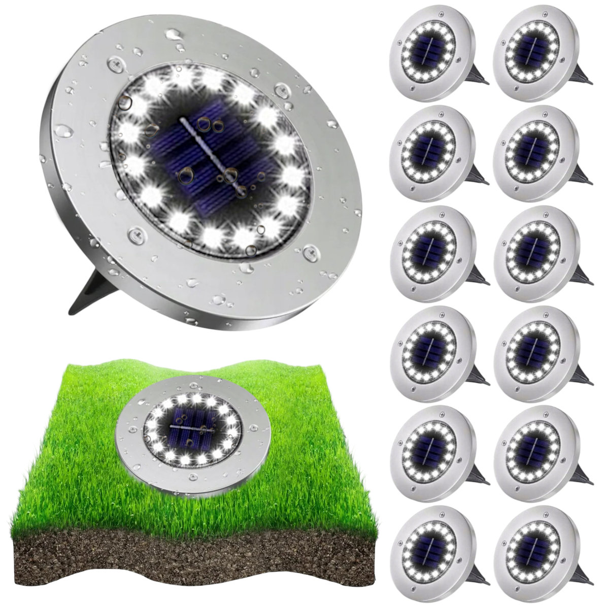 12x LAMPA SOLARNA DYSK 16 LED Ogrodowa Wbijana Gruntowa Najazdowa CZUJNIK