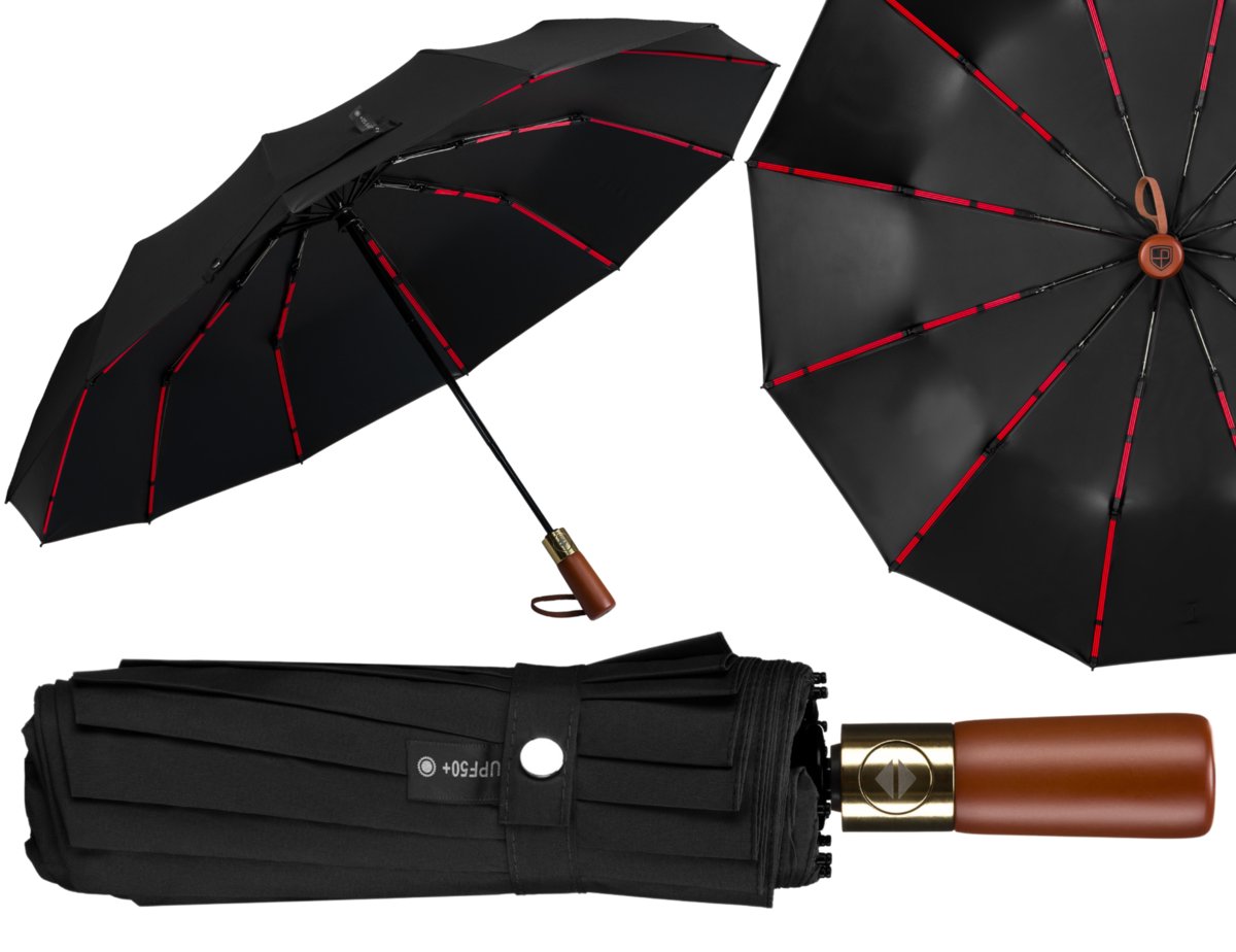 Czarny elegancki duży parasol PETERSON składana teleskopowa automatyczna parasolka unisex pokrowiec pudełko prezentowe filtr UV UPF 50+