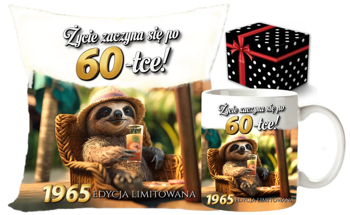 ŚMIESZNY PREZENT NA 60 URODZINY DLA KOBIETY LUB MĘŻCZYZNY KUBEK + PODUSZKA