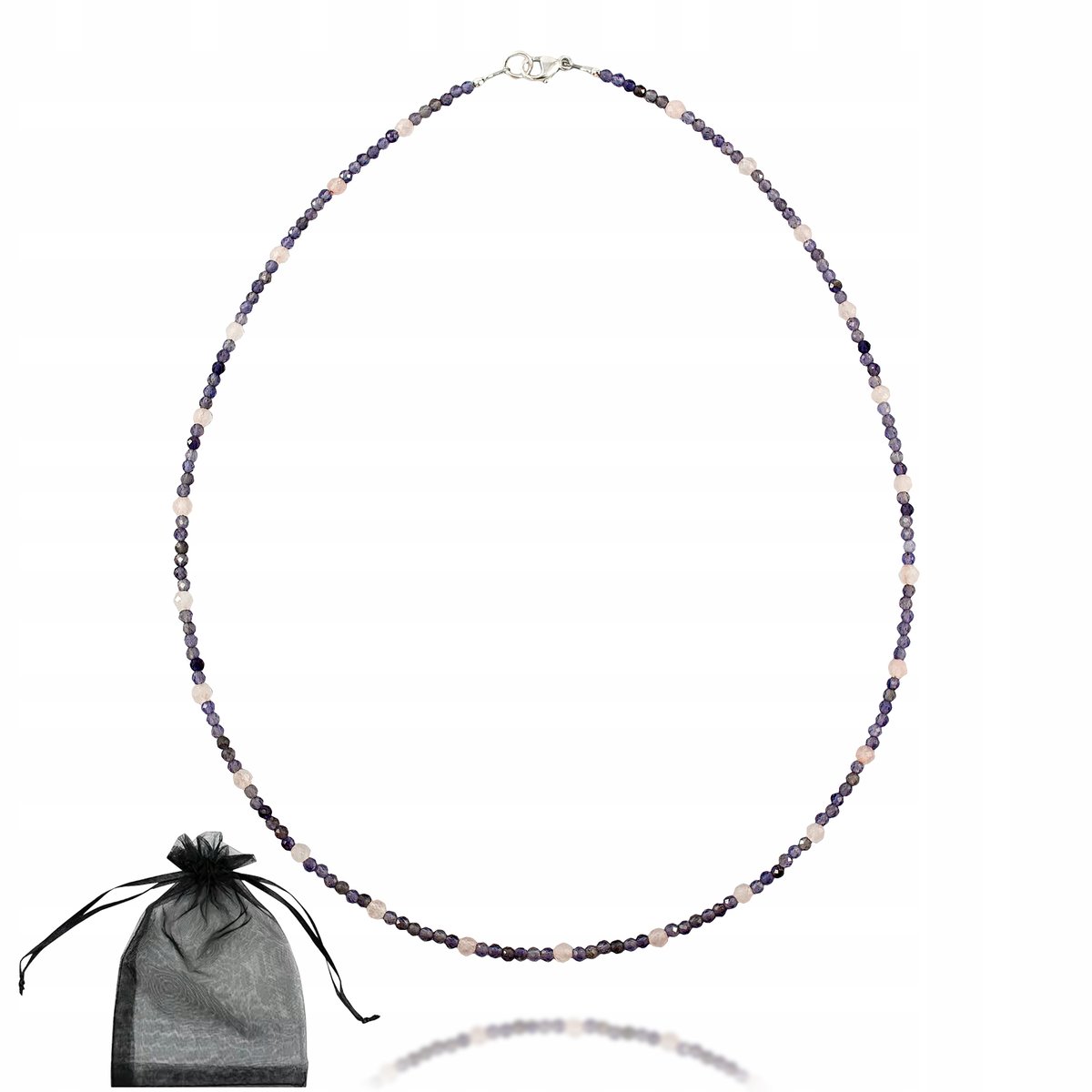 Naszyjnik Iolit i Kwarc Różowy Fasetowany 2-3mm Srebrne Zapięcie dł. 43cm