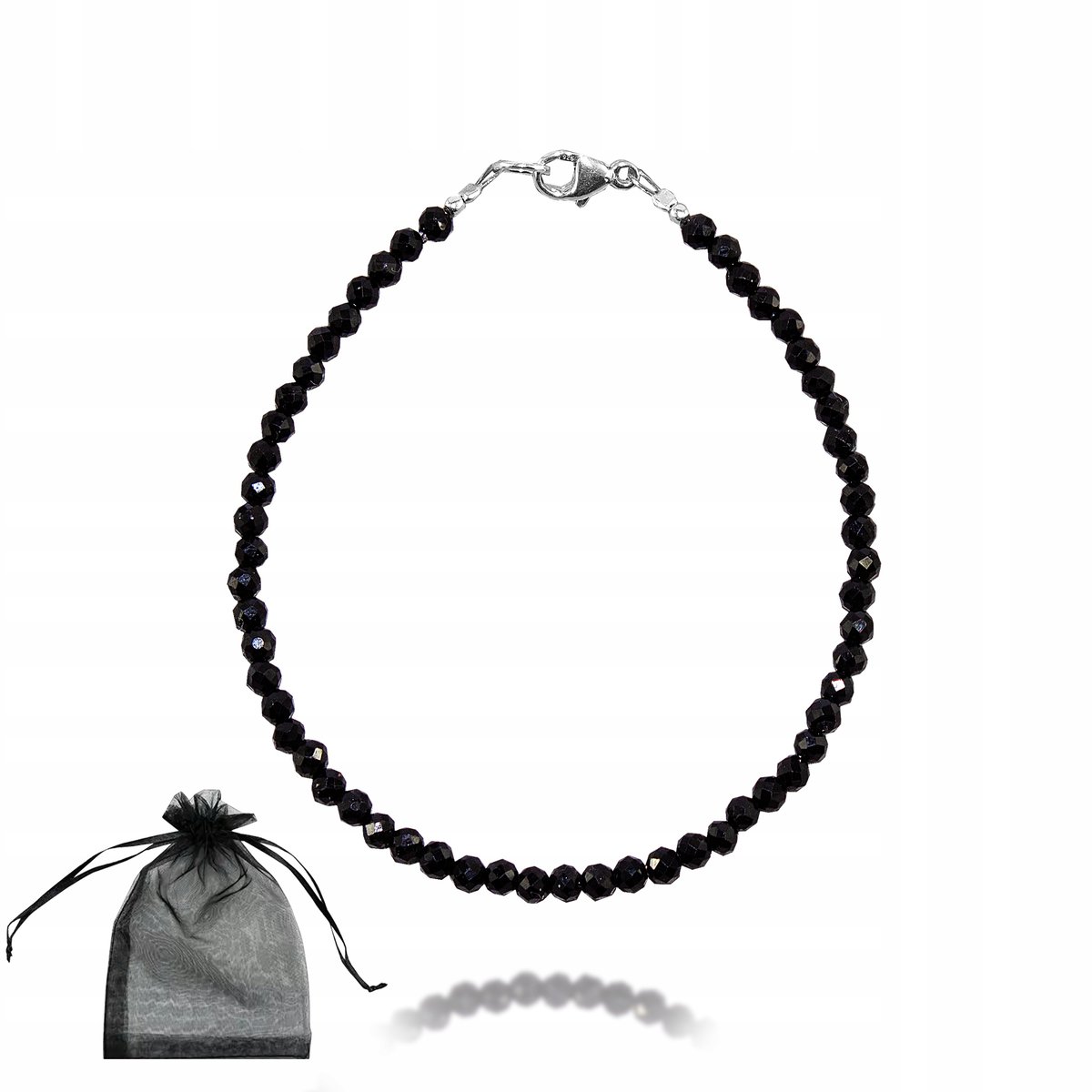 Bransoletka Naturalny CZARNY TURMALIN Fasetowany 3mm Srebrn Zapięcie 18,5cm