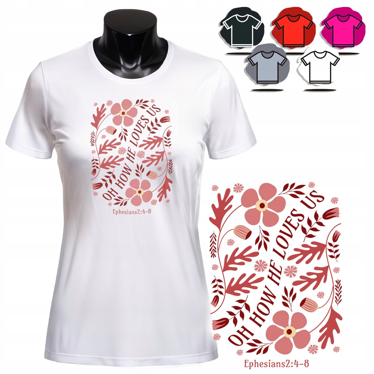 KOSZULKA DAMSKA Z NADRUKIEM T-SHIRT - WZÓR LOVE KWIATY RÓŻOWY PREZENT - XS