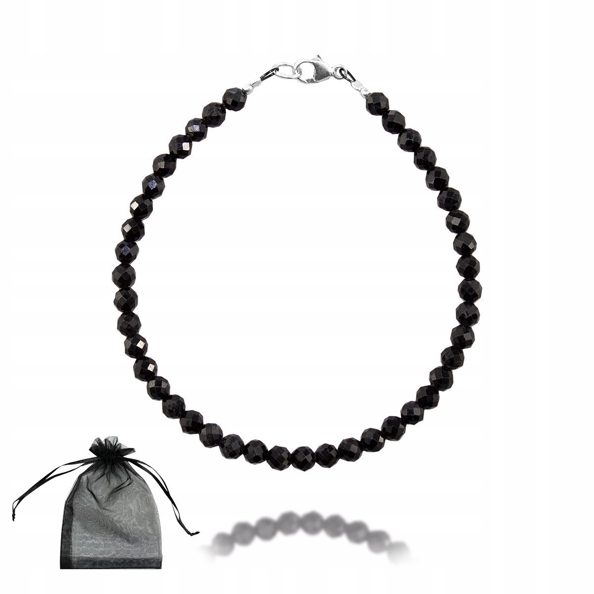 Bransoletka Naturalny CZARNY TURMALIN Fasetowany 4mm Srebrne Zapięcie 19cm