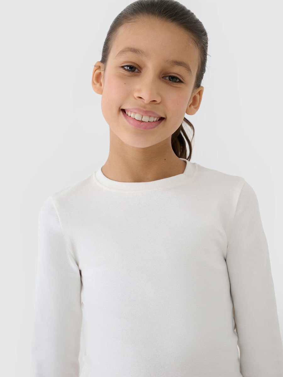 4F Longsleeve slim crop top gładki dziewczęcy 4FJWSS25TLONF430-11S Biały Roz. 128