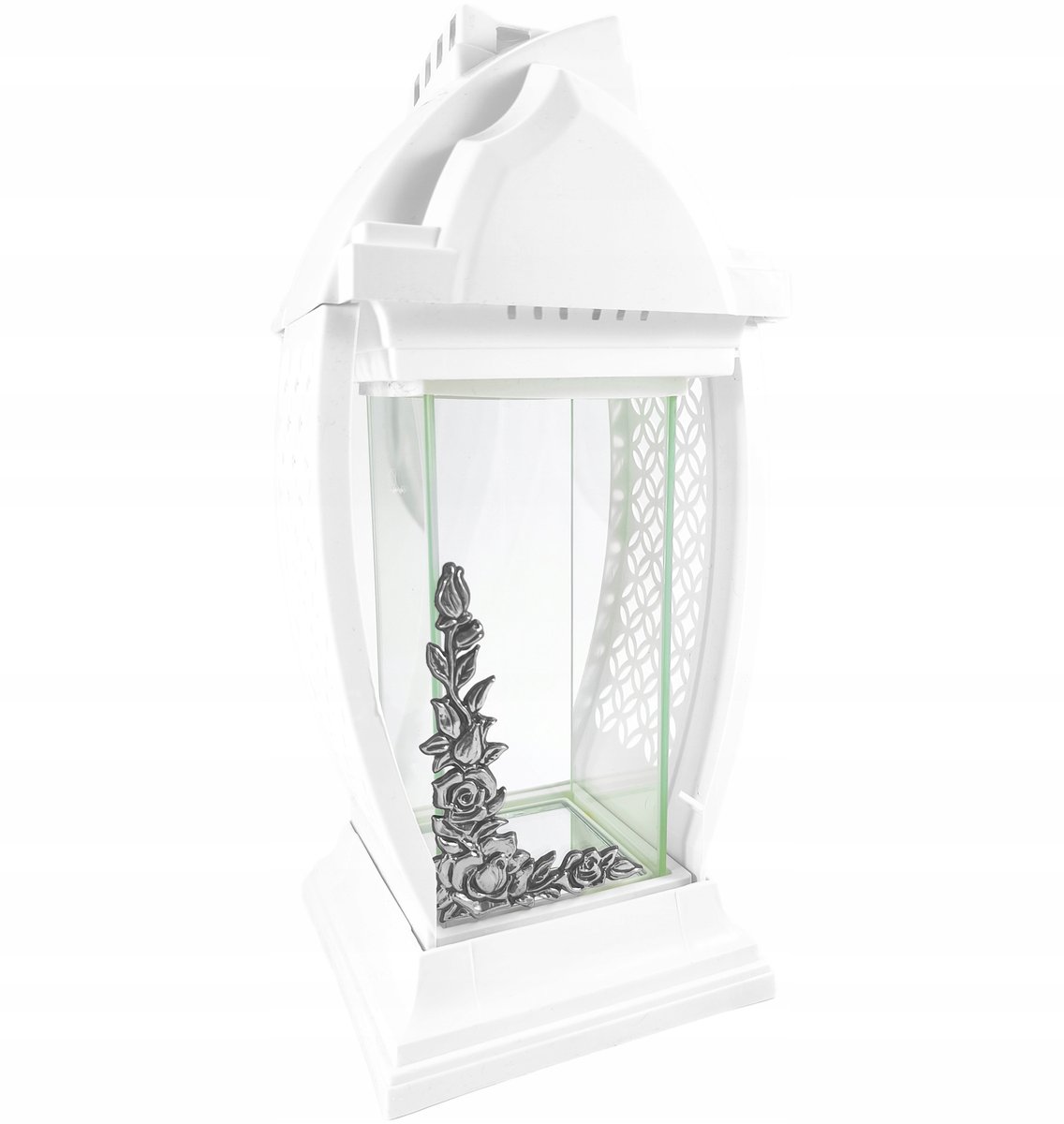 Unikatowy biały znicz kapliczka lampion szklany ze srebrnym dekorem 33cm