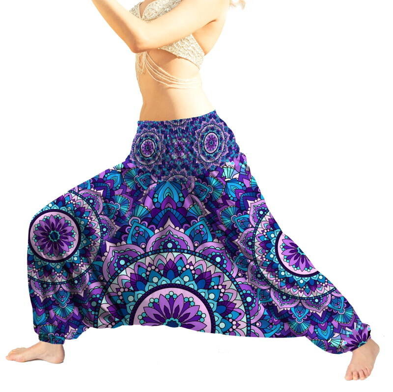 Szarawary spodnie alladynki fioletowe mandala (joga, fitness, na lato)