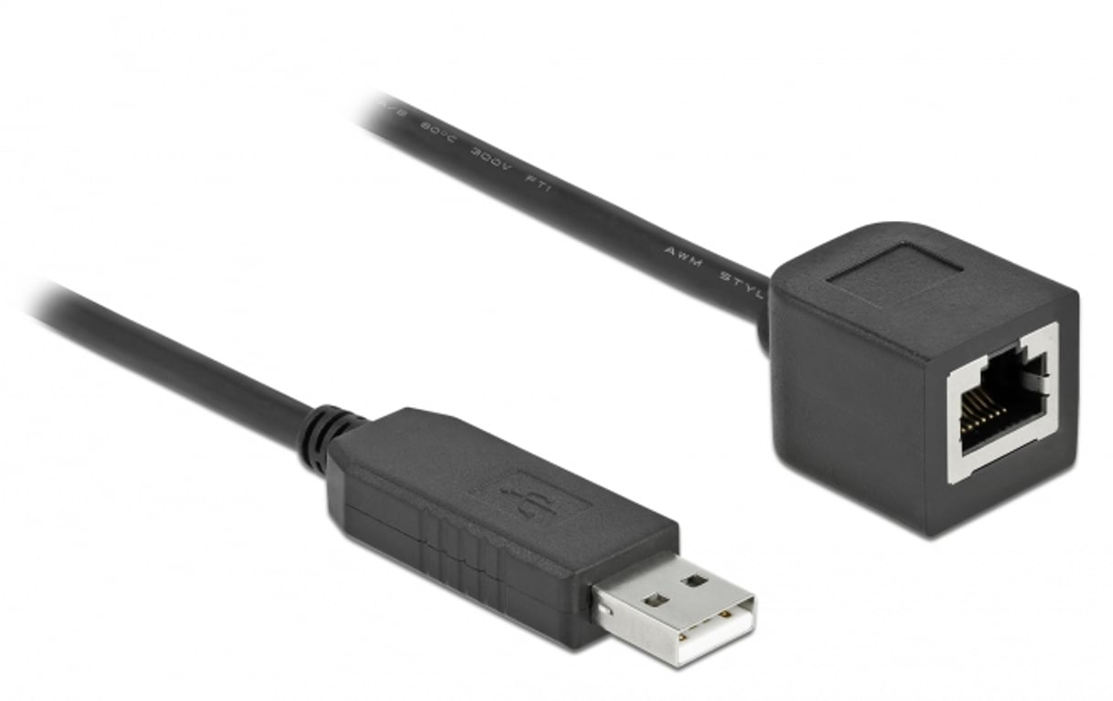DeLOCK Szeregowy kabel połączeniowy z czipsetem FTDI, USB 2.0 Typu-A męski na RS-232 RJ45 żeński, 50 cm, czarny 64163