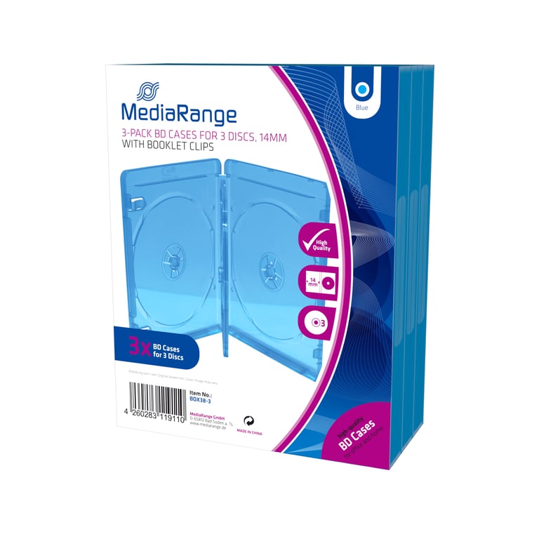 MediaRange BOX38-3-30 opakowania na płyty CD Opakowanie na Blu-ray 3 dysków Niebieski, Przezroczysty BOX38-3-30