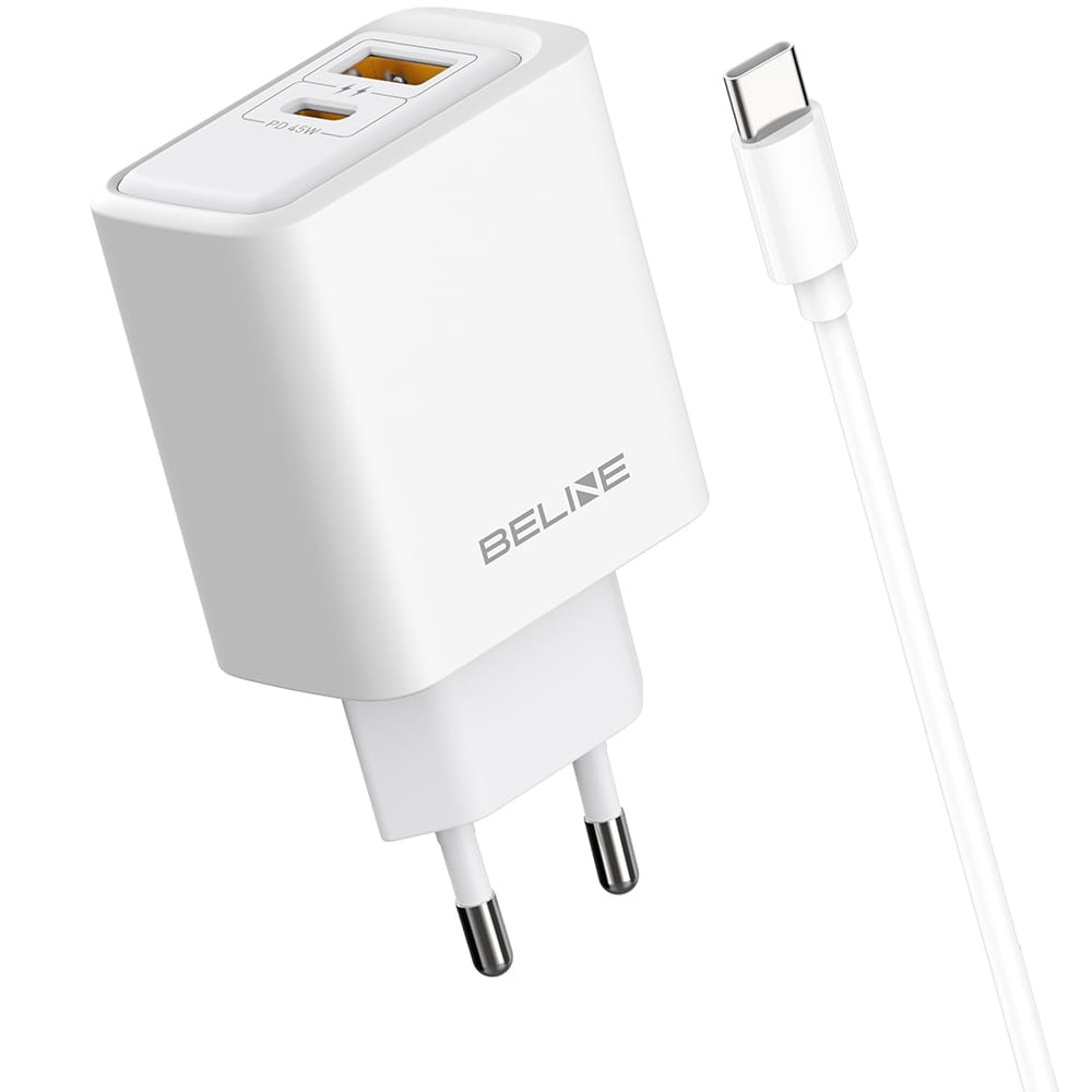 Ładowarka sieciowa Beline 45W GaN USB-A/USB-C + kabel USB-C/USB-C BLN2CW45C biały