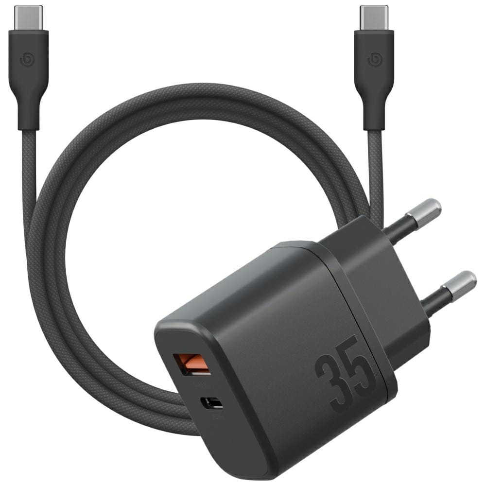 Ładowarka sieciowa Bazic Goport Velox Kit 1xUSB-C 1xUSB-A GaN 35W z kablem plecionym czarny