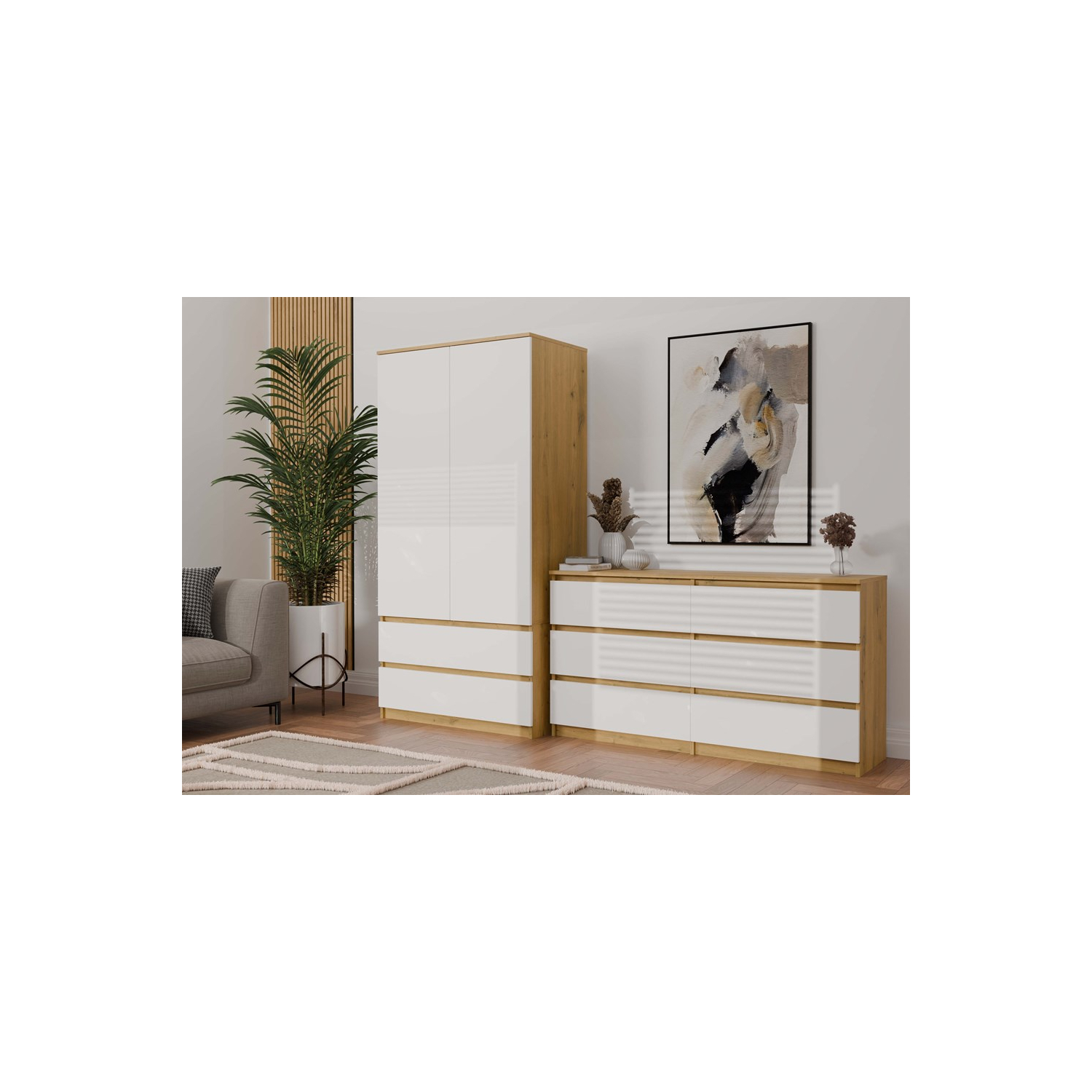Komoda do Salonu NELA M6 138 cm Dąb Artisan/Biały z Sześcioma Szufladami Skandynawska