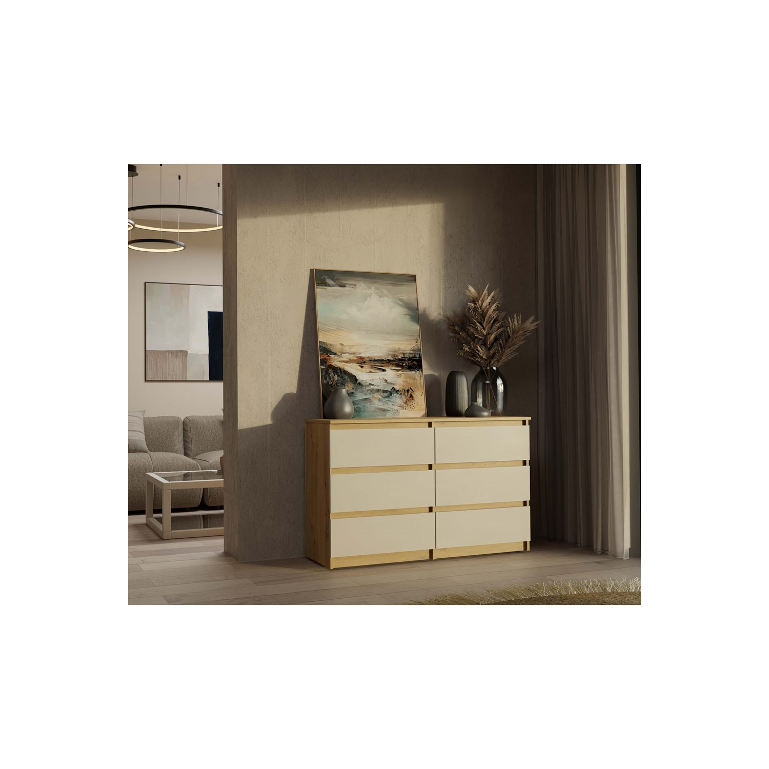 Komoda do Salonu NELA M6 120 cm Dąb Artisan/Kaszmir z Sześcioma Szufladami Nowoczesna