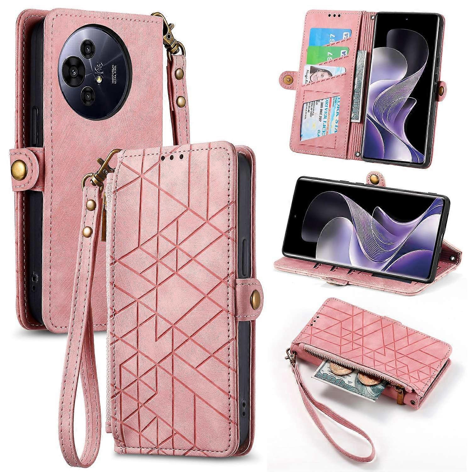 Dla TCL 50 Pro Nxtpaper 5G Etui Zipper Portfel Geometria Linie Skórzany Pokrowiec na Telefon - Różowy Wielobarwny Pink