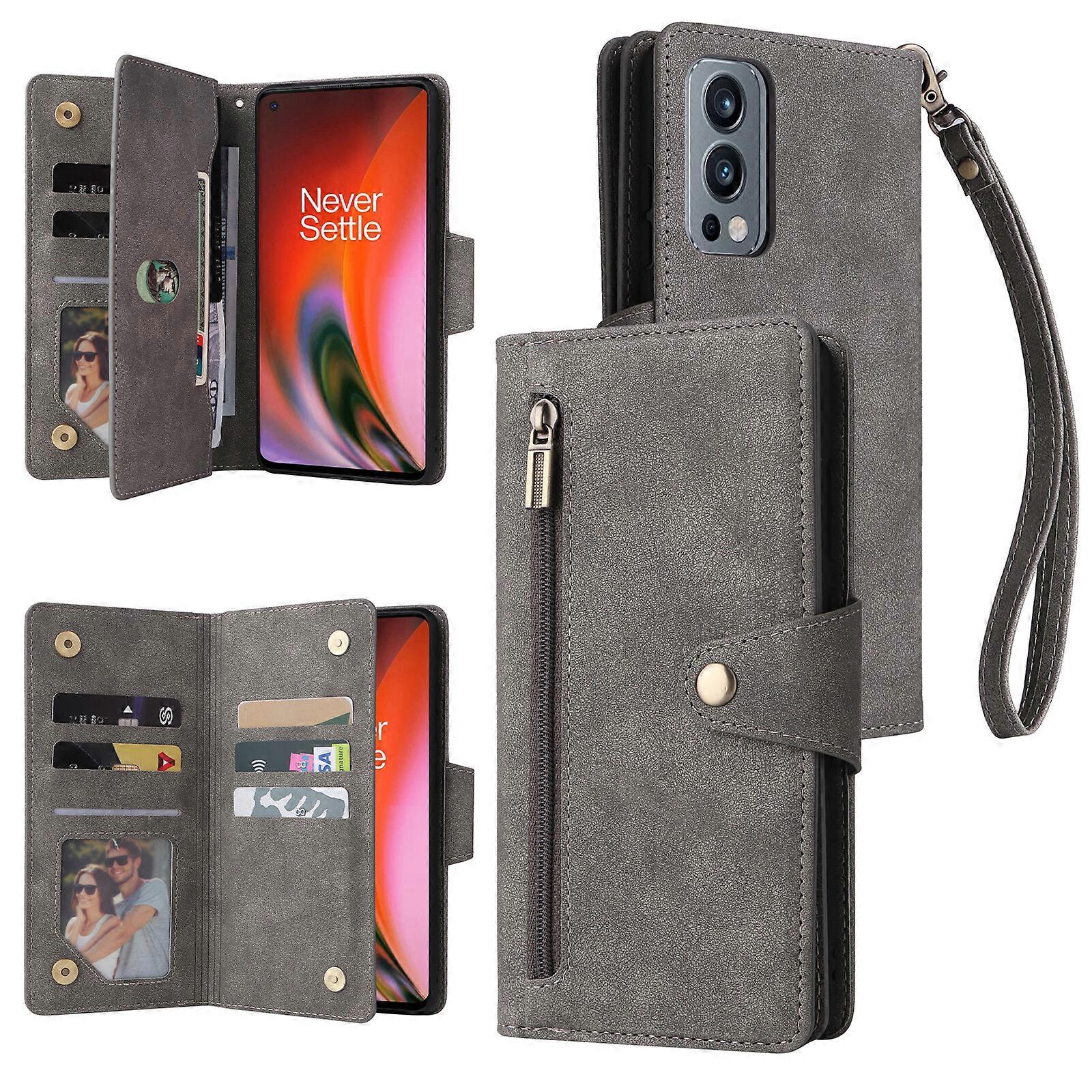 Foxdock Kompatybilny z etui OnePlus Nord 2 5G Skórzany magnetyczny uchwyt na karty z klapką z klapką Pokrowiec na portfel Szary