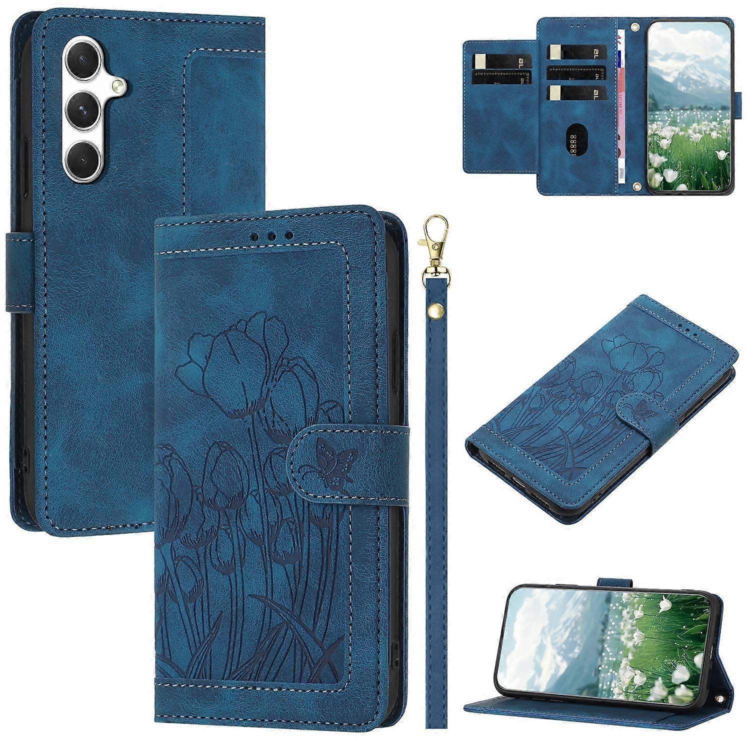 Dla Samsung Galaxy A16 4G 5G Etui Tulipan Skórzany Pokrowiec na telefon z 5 przegródkami na karty Portfel - Niebieski Wielobarwny Blue