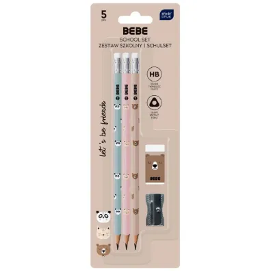 Ołówki grafionowe z gumką i temperówką. 3 sztuki. Miś