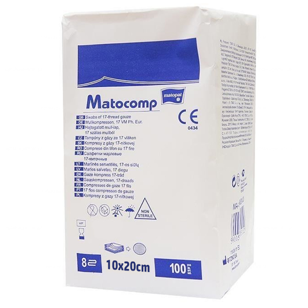 Matopat Matocomp, kompresy niejałowe z gazy, 17-nitkowe, 8-warstwowe, 10 cm x 20 cm, 100 sztuk