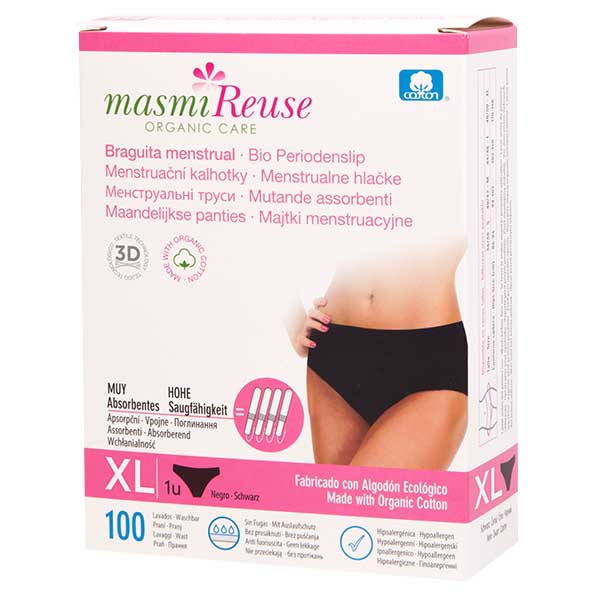 Masmi Reuse, majtki menstruacyjne, bawełna organiczna, czarne, rozmiar XL, 110-120 cm, 1 sztuka