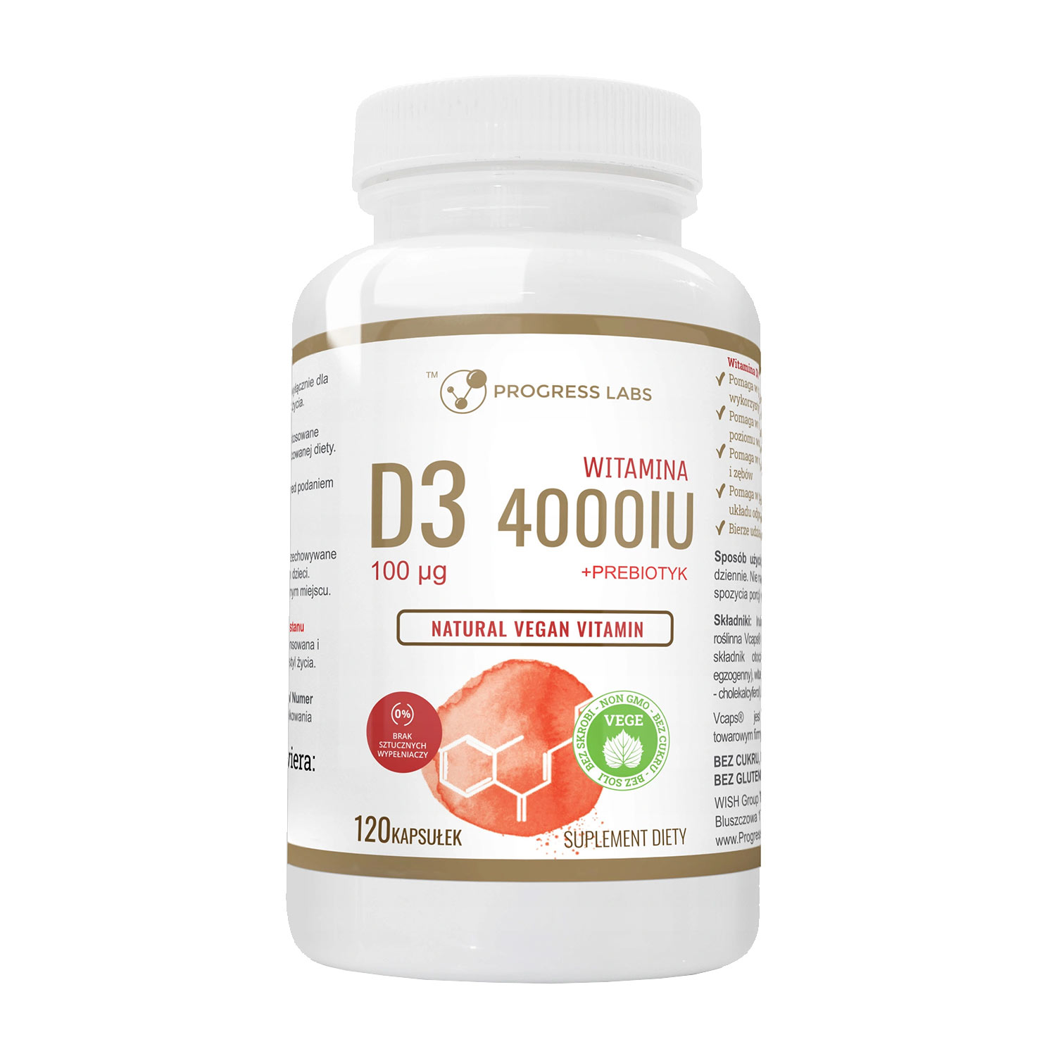Progress Labs Witamina D3 4000 IU 100 μg + Prebiotyk, 120 kapsułek