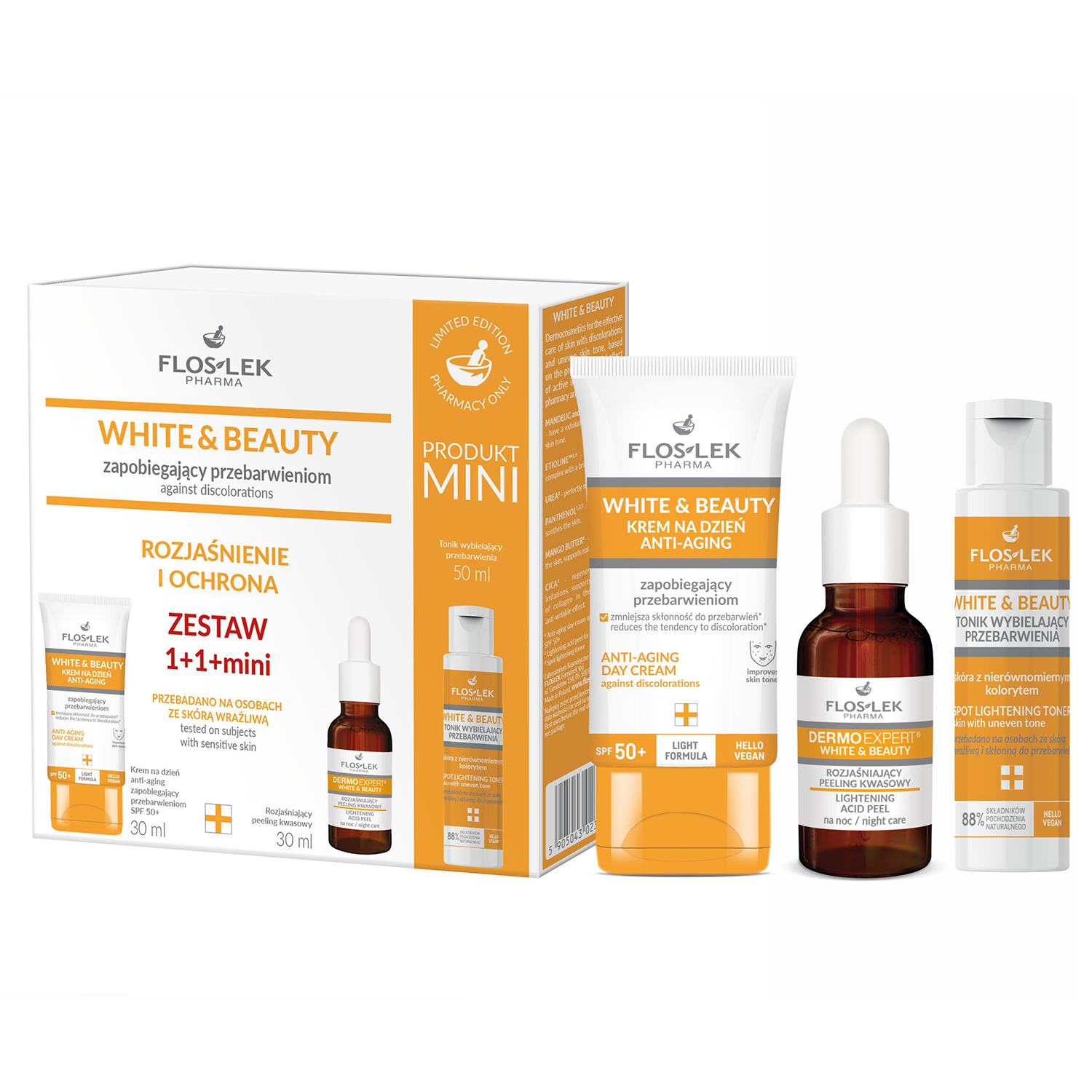 Zestaw Floslek White&Beauty zapobiegający przebarwieniom, krem na dzień Anti-aging, SPF 50+, 30 ml + peeling kwasowy, na noc, 30 ml + tonik, 50 ml