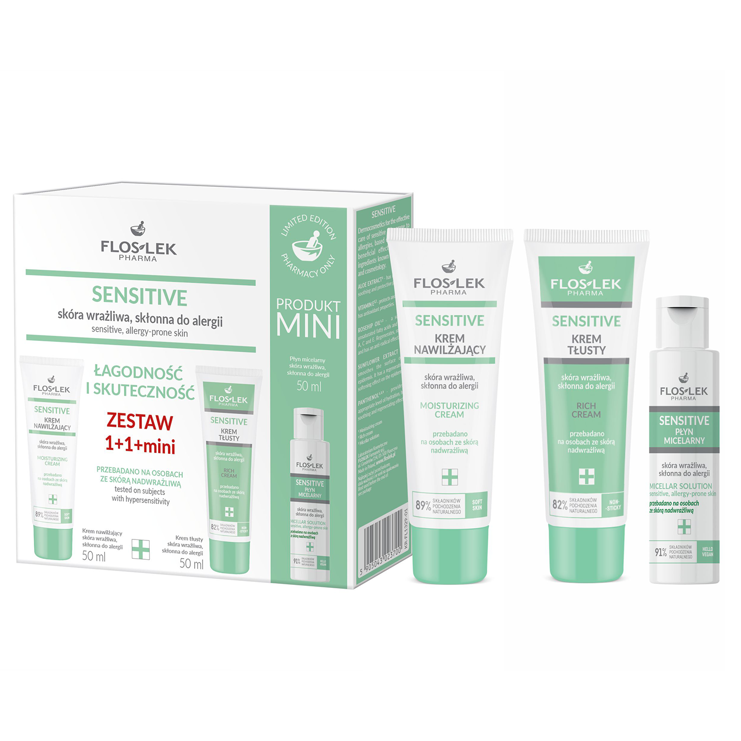 Zestaw FlosLek Sensitive, krem nawilżający, 50 ml + krem tłusty, 50 ml + płyn micelarny, 50 ml