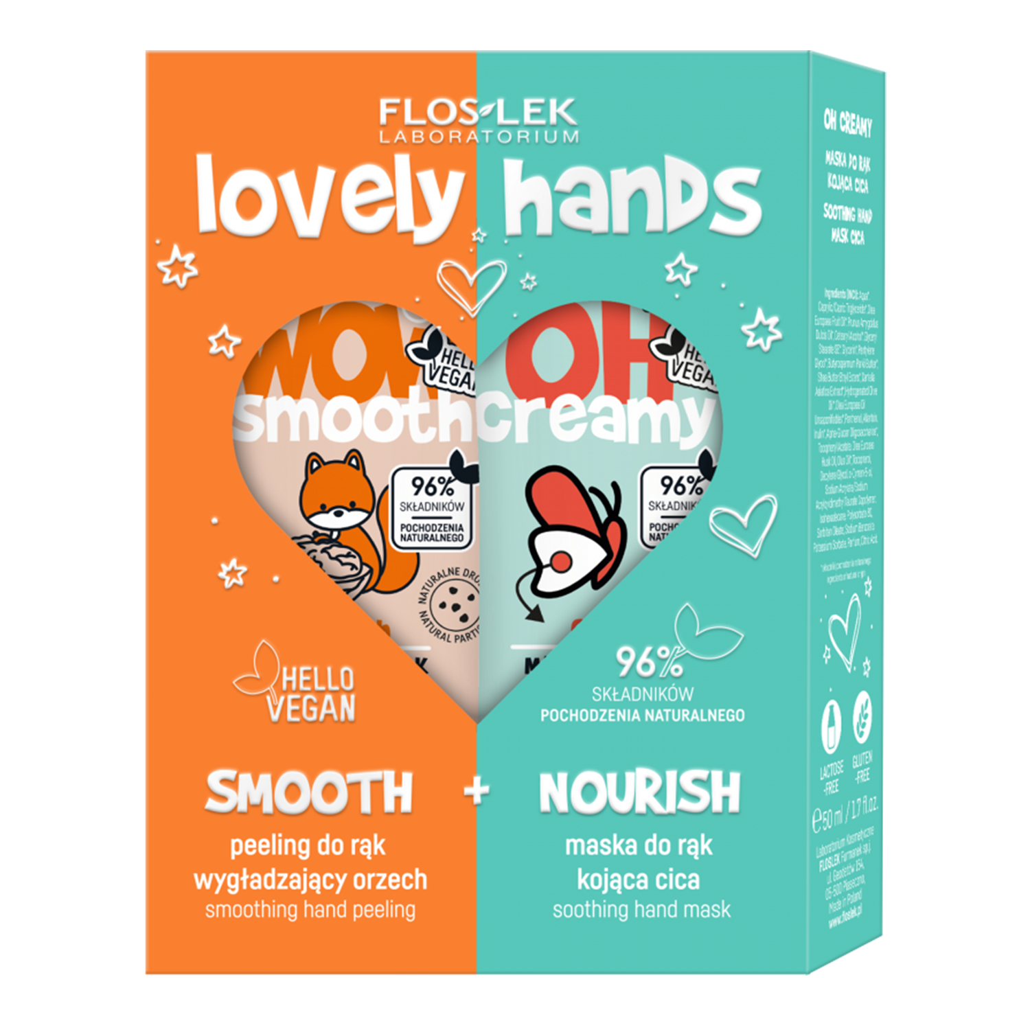 Zestaw FlosLek Lovely Hands kuracja wzmacniająca, Wow Smooth, wygładzający peeling do rąk, 50 g + Oh Creamy, kojąca maska do rąk, 50 ml