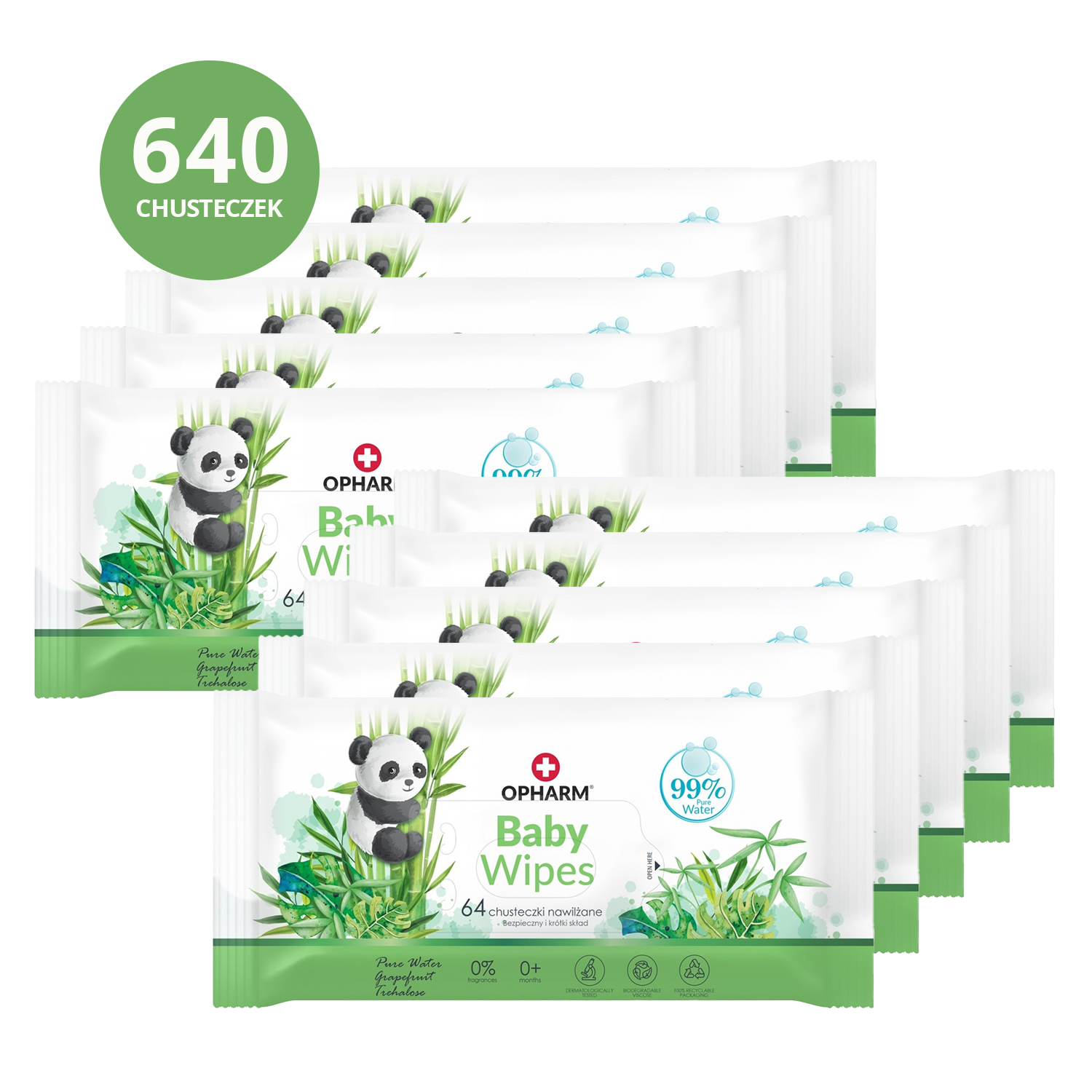 Zestaw Opharm Baby Wipes, chusteczki nawilżane, 10 x 64 sztuki