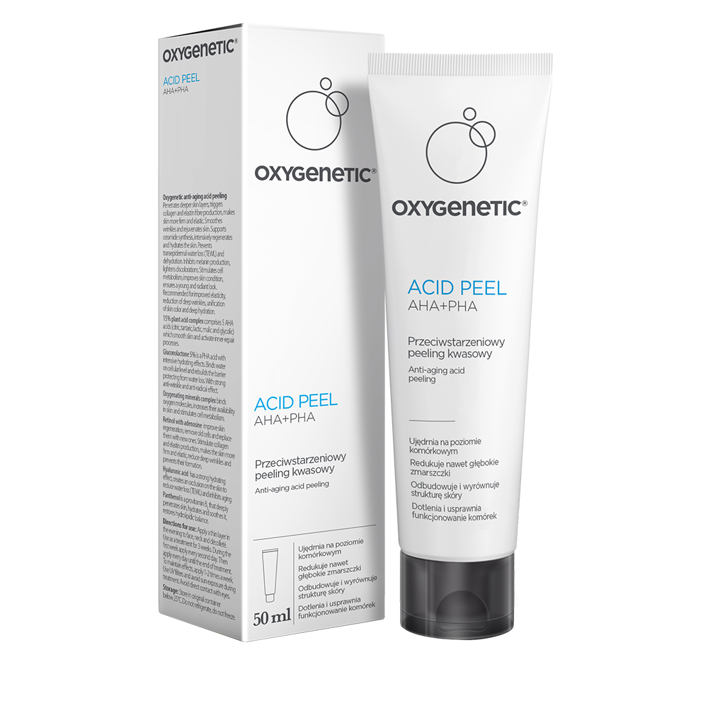 Oxygenetic Acid Peel AHA+PHA, przeciwstarzeniowy peeling kwasowy, 50 ml