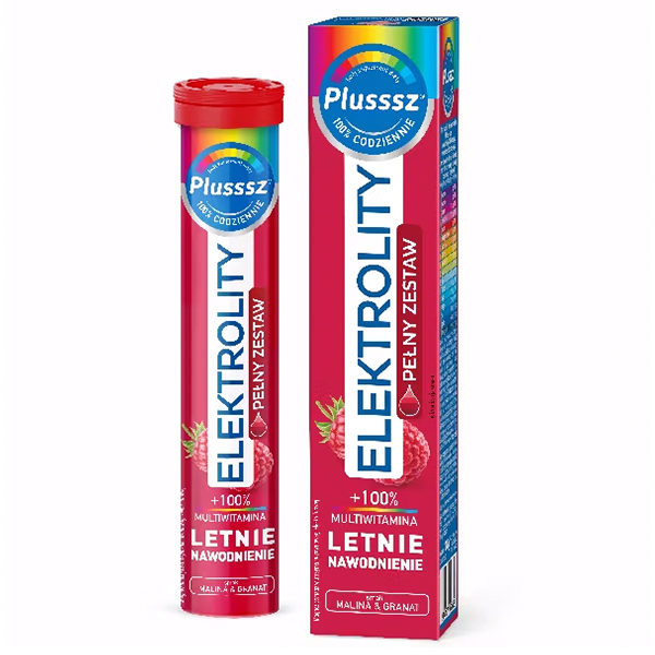 Plusssz Elektrolity + 100% Multiwitamina, smak malina-granat, 24 tabletki musujące