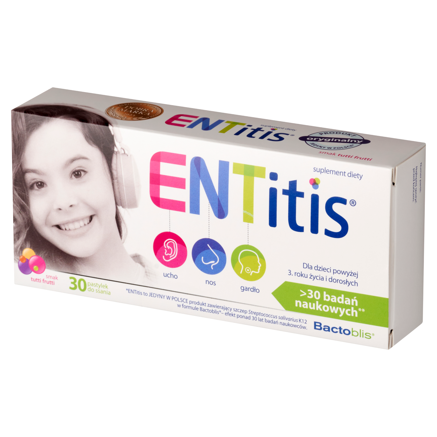 ENTitis dla dzieci po 3 roku życia, smak tutti frutti, 30 pastylek do ssania