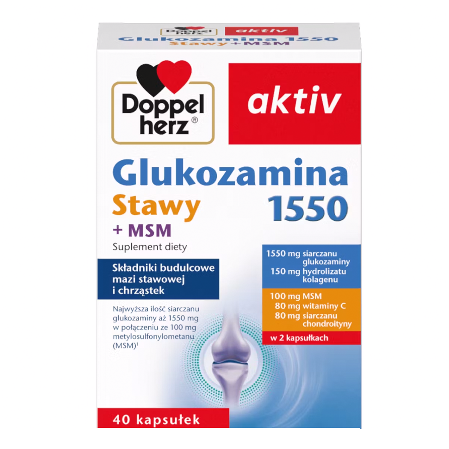 Doppelherz aktiv Glukozamina 1550 Stawy + MSM, 40 kapsułek