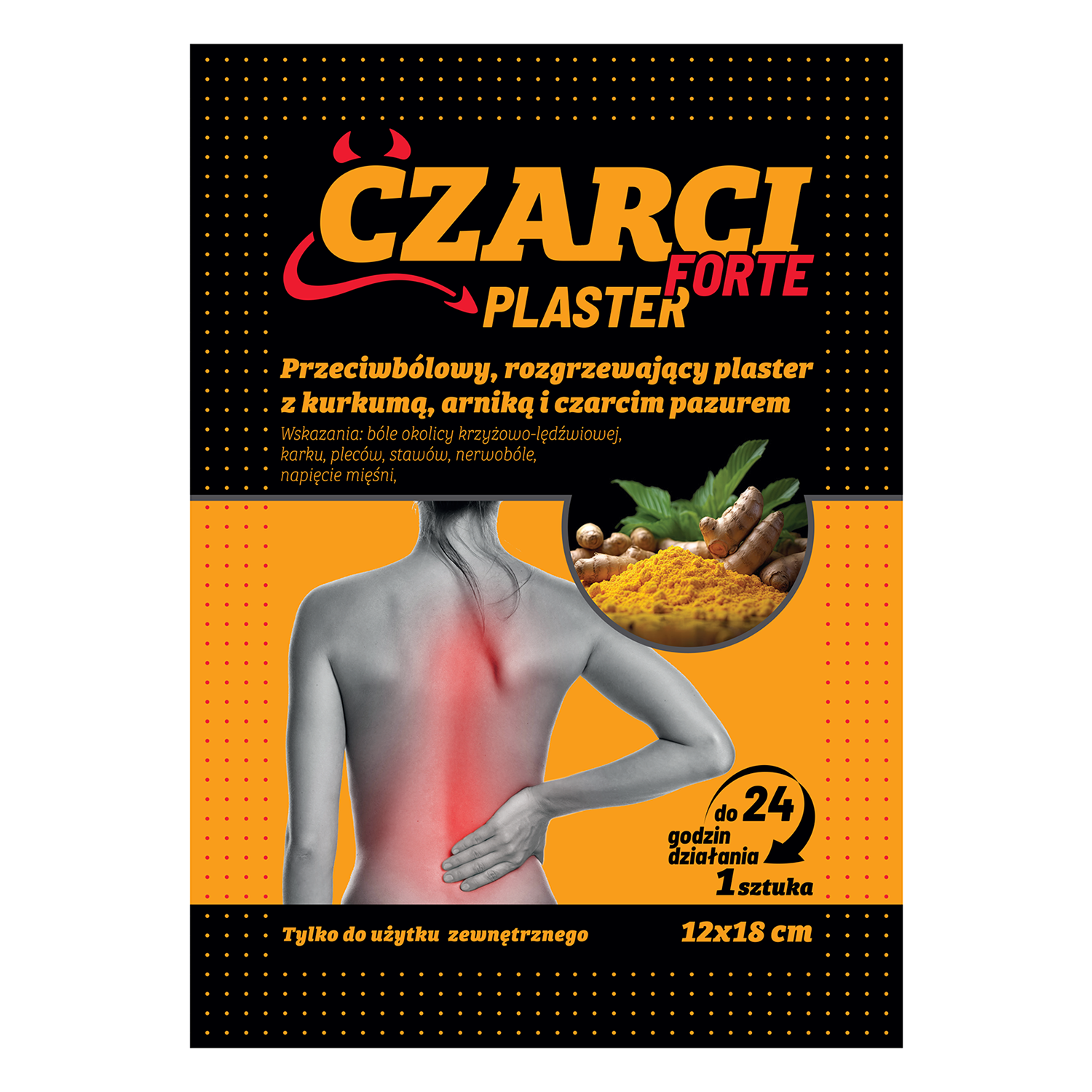 Czarci Plaster Forte, przeciwbólowy, rozgrzewający plaster z kurkumą, arniką i czarcim pazurem, 12 x 18 cm, 1 sztuka