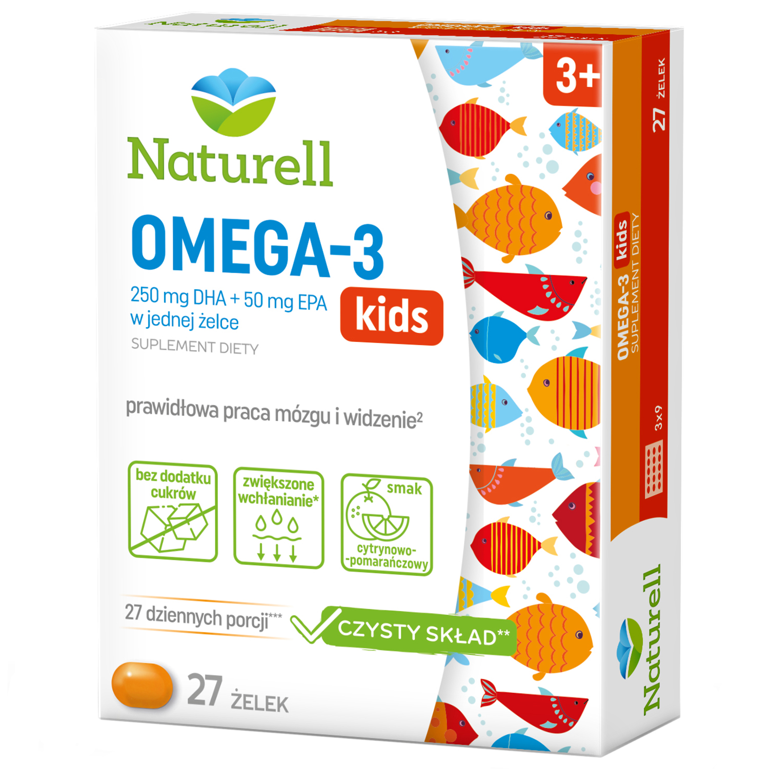 Naturell Omega-3 Kids, żelki powyżej 3 lat, smak cytrynowo-pomarańczowy, 27 sztuk