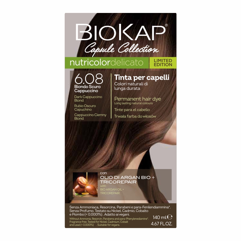 Biokap Nutricolor Delicato, farba koloryzująca do włosów, 6.08 cappuccino ciemny blond, 140 ml