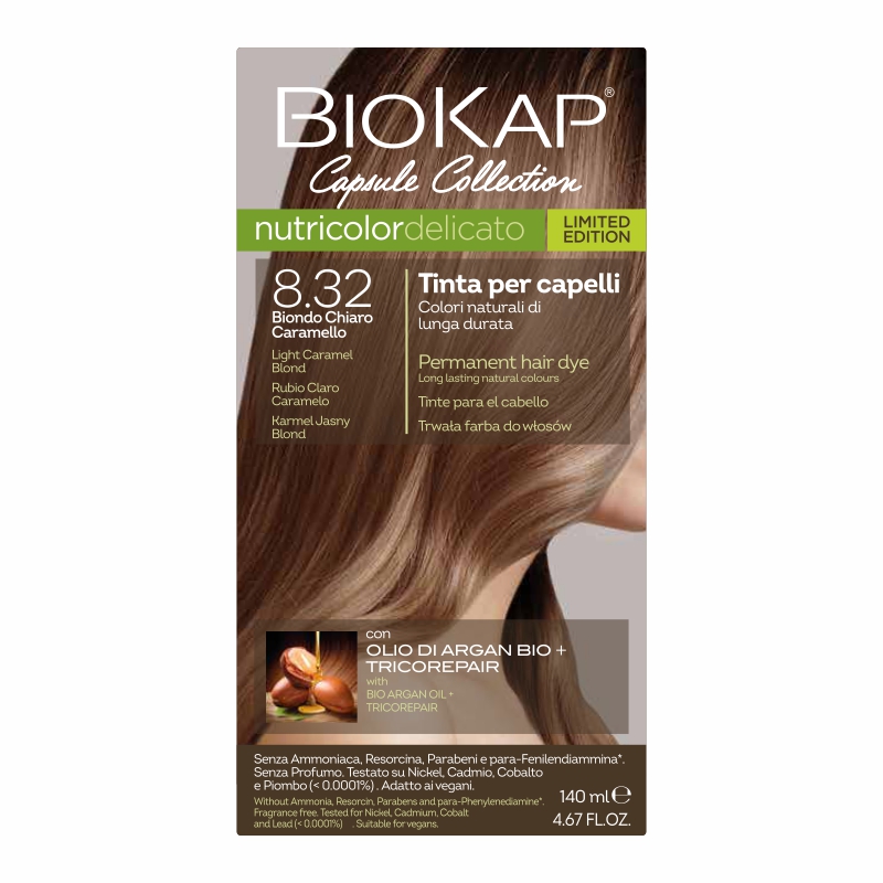 Biokap Nutricolor Delicato, farba koloryzująca do włosów, 8.32 karmel jasny blond, 140 ml