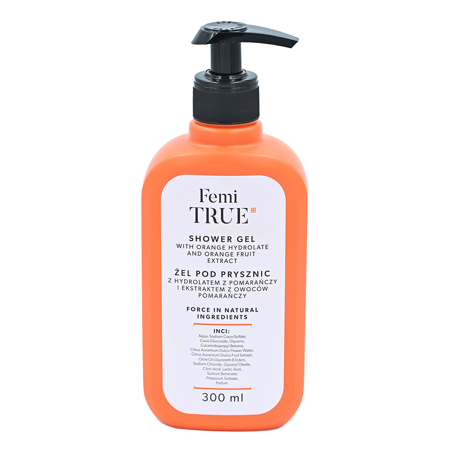 Femi True, żel pod prysznic z hydrolatem z pomarańczy i ekstraktem z owoców pomarańczy, 300 ml